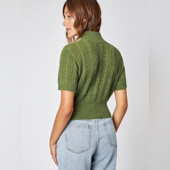 Cider | Women’s Olive Green Short Sleeve Cable Knit Mock Neck Sweater Size 0XL - Picture 3 of 16